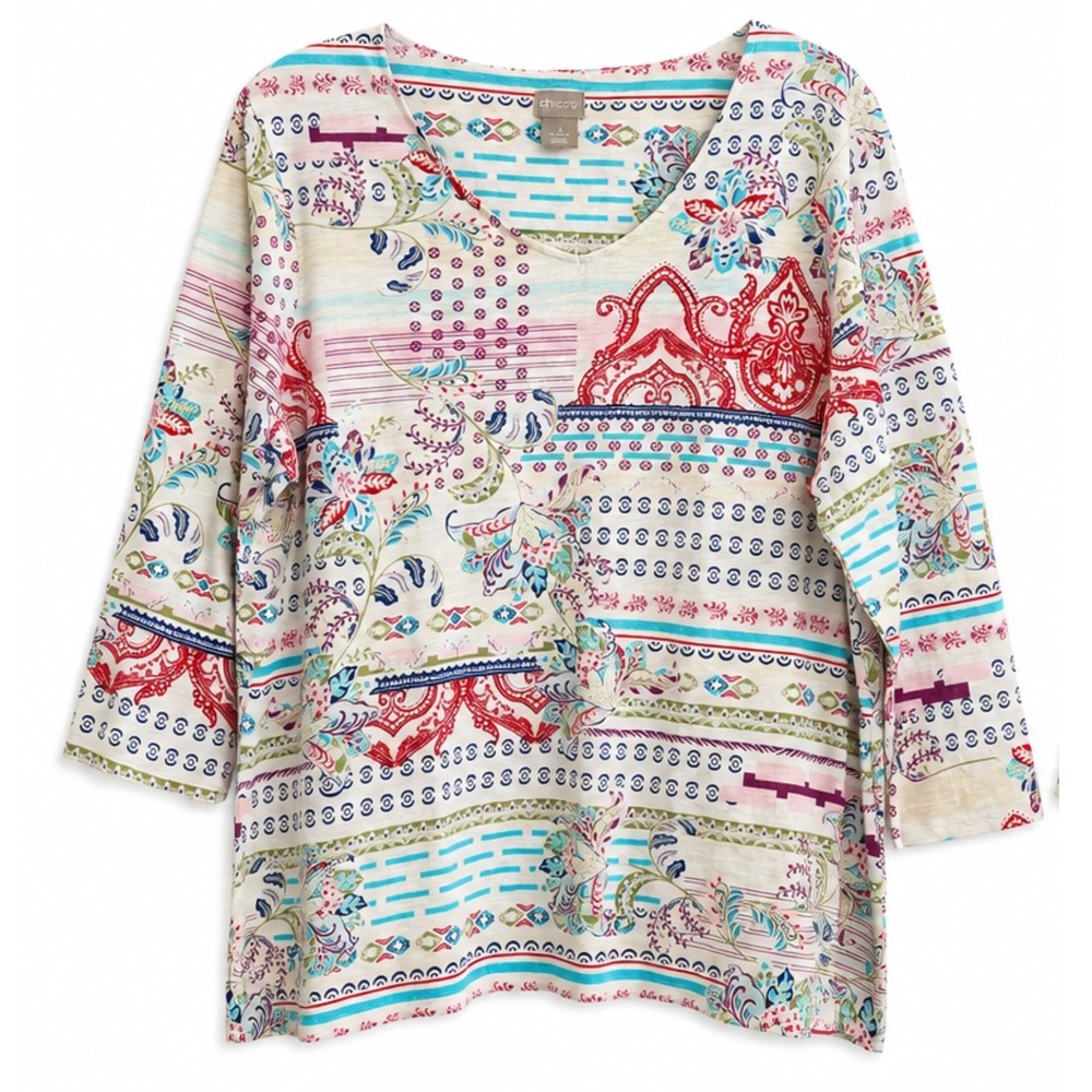 Chicos Mixed Paisley Geometric V-Neck Top Size 3 XL Coastal Boho Resort Wear